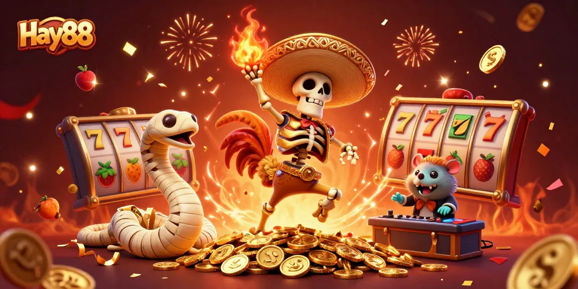 Hay88 casino illustration with a festive 3D scene of characters dancing on coins, representing exciting gameplay.