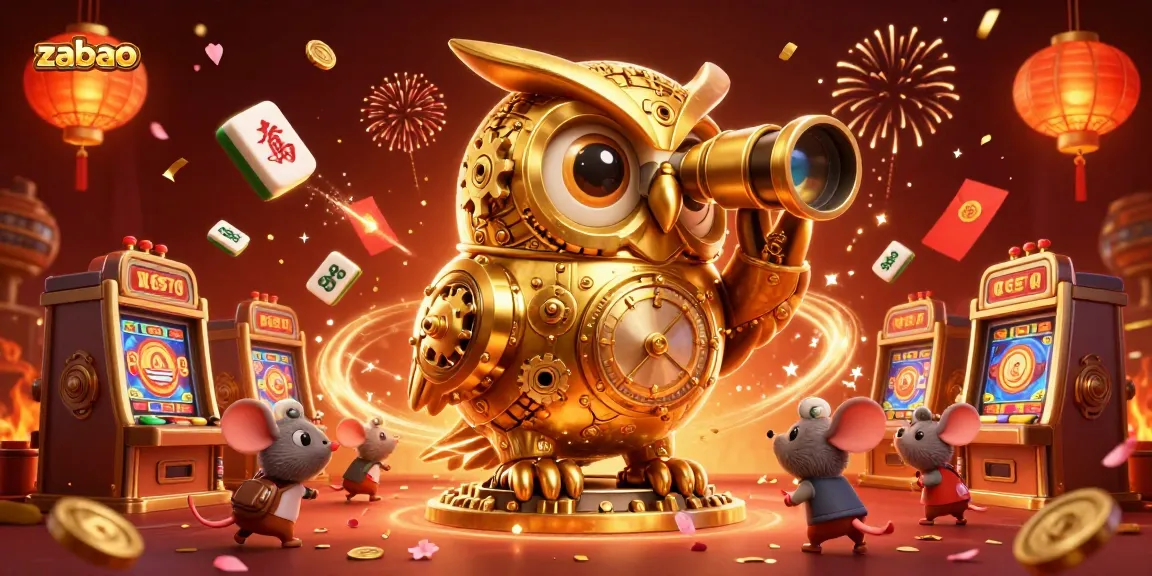 Engage with zaobao at a lively casino scene featuring a golden owl and animated patrons.