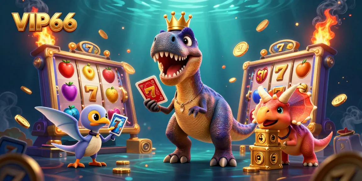 Engage with VIP66's colorful slots and jackpot symbols in this vibrant casino scene featuring a T-Rex and friends.