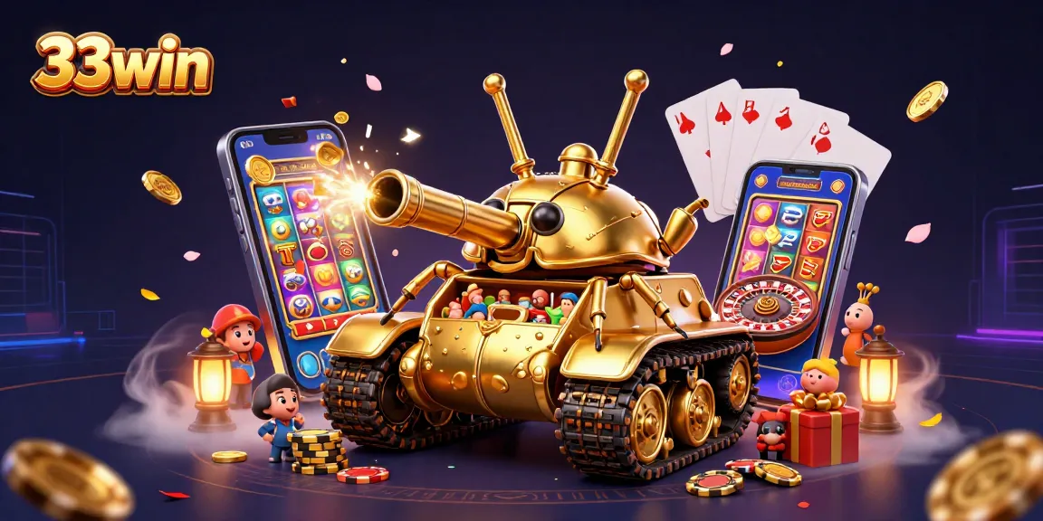 Experience the excitement of 33win with a golden beetle tank featuring a mini casino, slots, and confetti in a vibrant scene.
