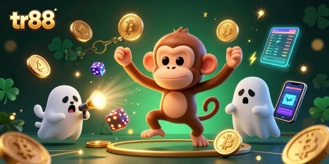 Engage with tr88's haunted casino scene featuring a playful poltergeist monkey and curious puppy.