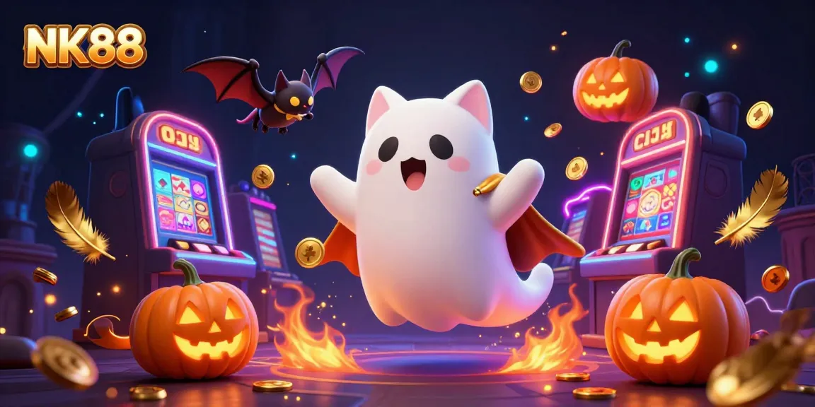 Experience exciting wins at NK88 with the ghost cat and friends in a vibrant casino scene.