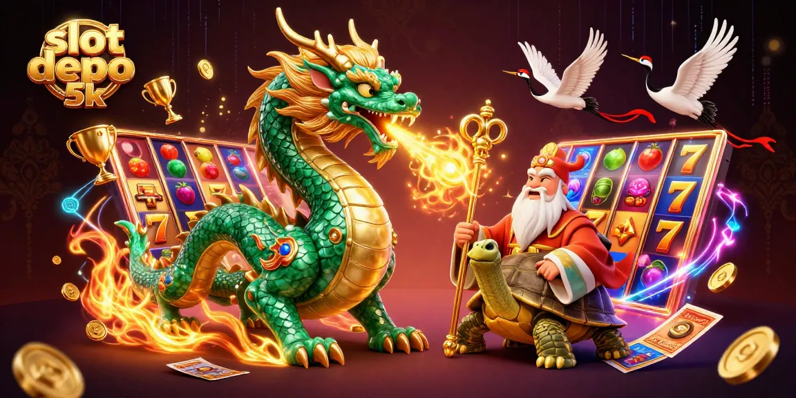 Engage with slot depo 5k gameplay, featuring vibrant slot reels, golden fire dragon, and lucky symbols.