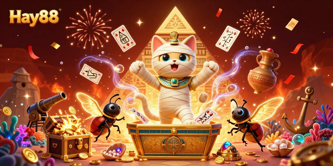 Experience exhilarating gaming at Hay88 with a dynamic illustration of an Egyptian mummy cat, scarab, and floating cards.