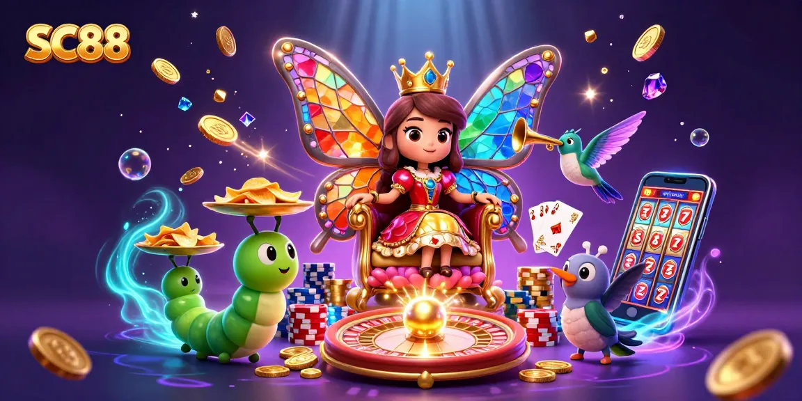 Experience the magic of SC88 with a vibrant casino scene featuring a butterfly queen amidst chips and cards.