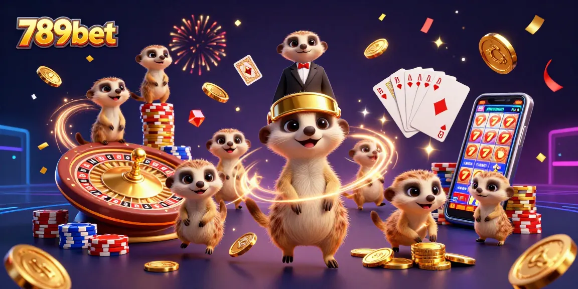Engage with 789bet's vibrant casino scene featuring dynamic meerkats amidst cascading coins and sparkling gems.