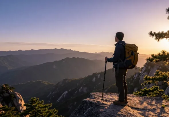 Escena de paisaje montañoso al atardecer con viajero usando etb telefono.