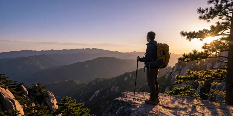 Escena de paisaje montañoso al atardecer con viajero usando etb telefono.