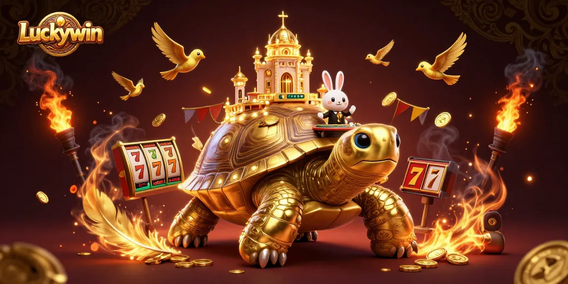Experience the thrill of Luckywin with a 3D tortoise casino scene featuring vibrant characters and slot games.
