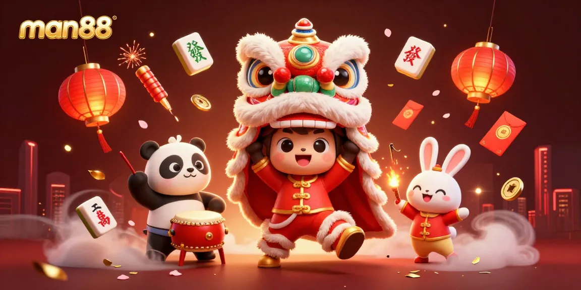 Join the fun at man88 with a lively lion dance and vibrant casino elements!