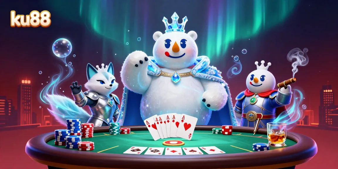 ku88 polar bear and fox interact at a poker scene with vibrant casino energy.