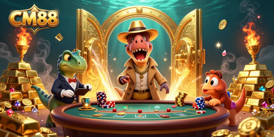 CM88 velociraptor card counter under watchful stegosaurus at a blackjack table with dazzling treasures.