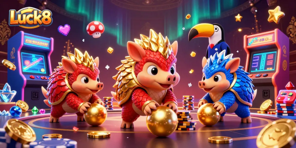Engage with the thrill of Luck8 as rival pangolins battle through poker chips in a vibrant casino scene.