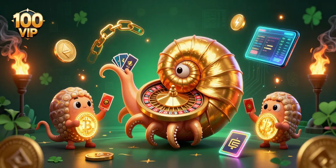 Engage with 100 VIP in this dynamic 3D casino scene featuring ancient nautilus and crypto elements.