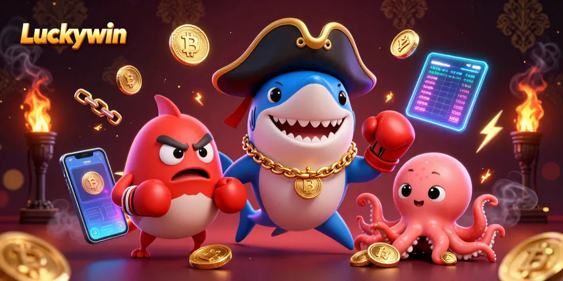 Experience exciting gameplay with Luckywin's characters in a vibrant casino scene filled with gold coins.
