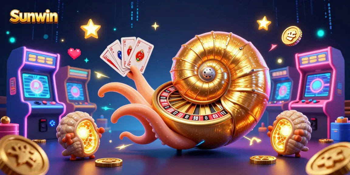 Engage with the Sunwin experience featuring a giant nautilus as a roulette wheel amidst vibrant gaming elements.