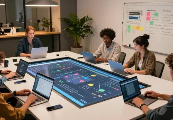 Build internal tools with AI in a collaborative tech workspace with diverse developers engaged in software projects.